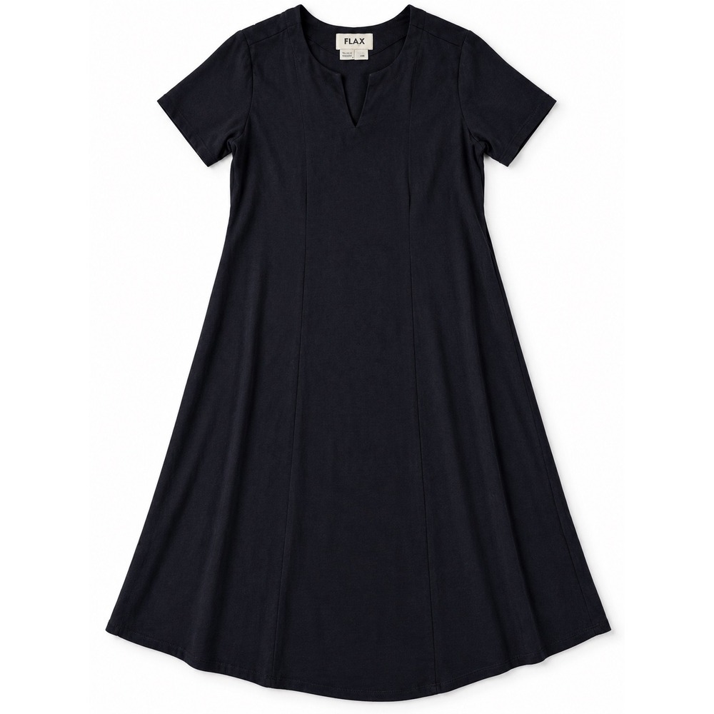 FLAX Life is Choise Black Rayon Crepe Notch Neck A-Line Dress Small